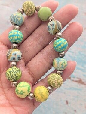 Jilzarah Botanical Green & Blue Beaded‎ Stretch Clay  Bracelet